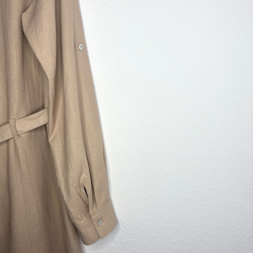 Ponant France Linen Blend Tan Long Sleeve Button Down Dress With Belt Size Small - Picture 7 of 10